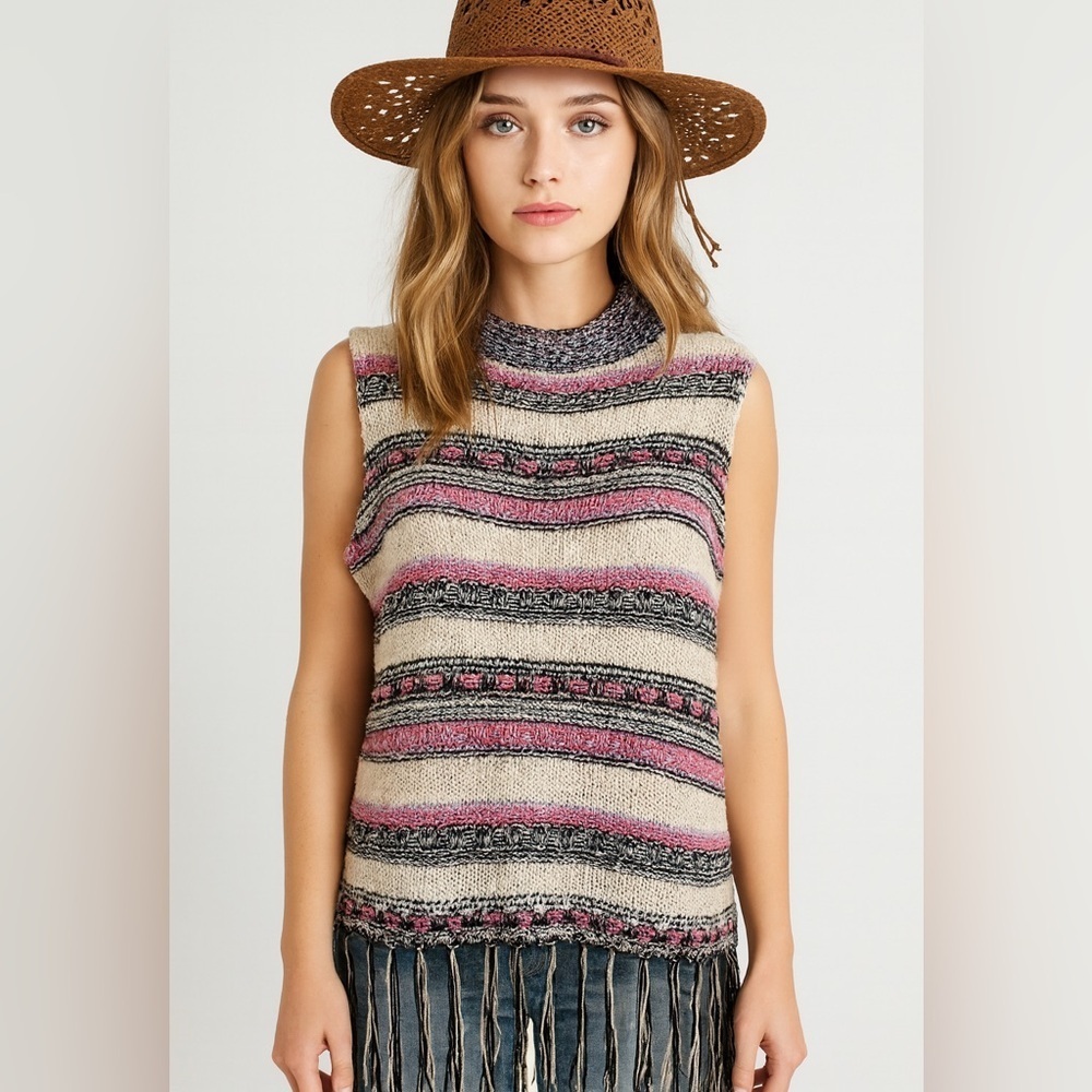 Hayden Multicolor Striped Fringe Sleeveless Sweater